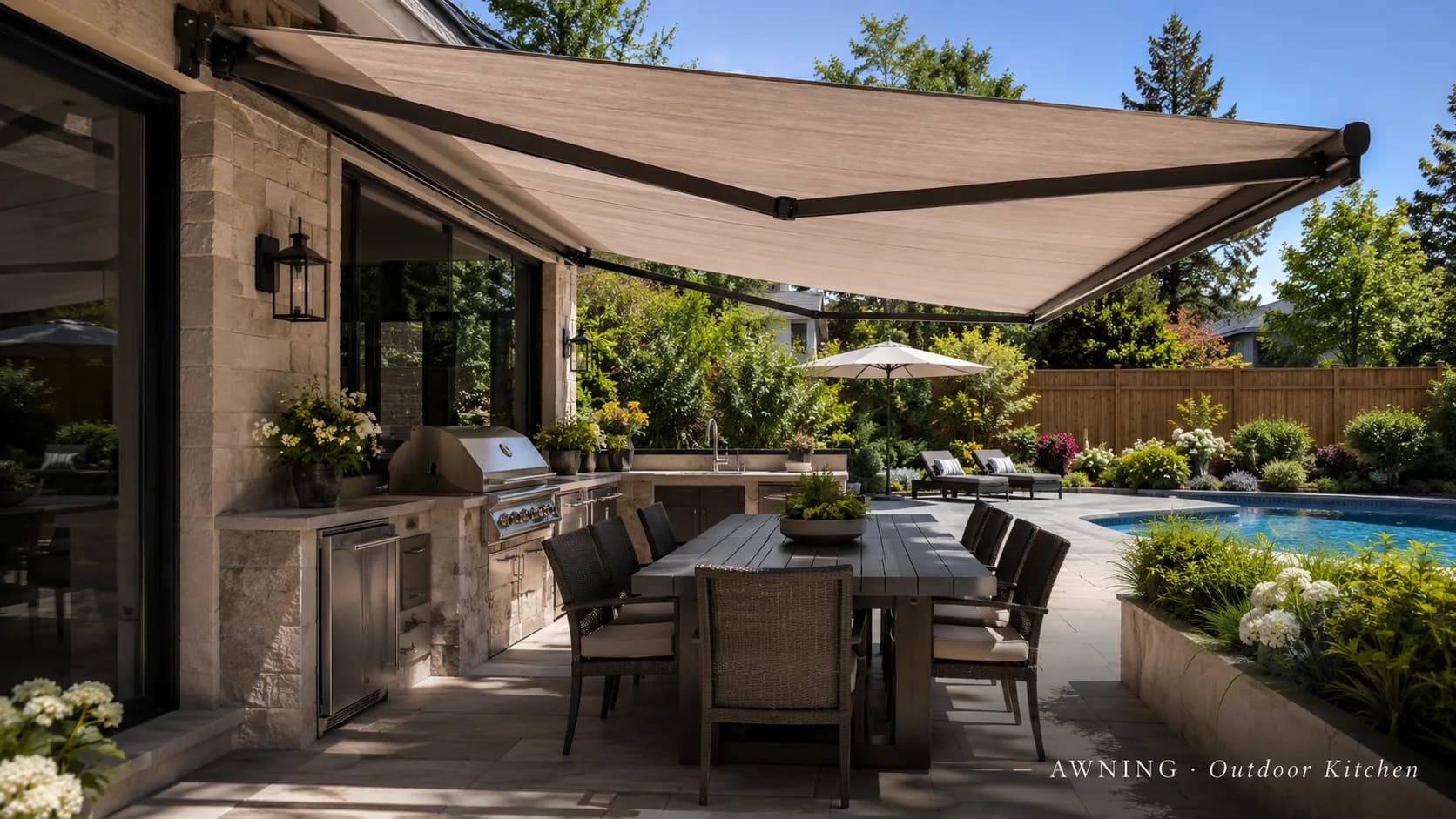 Awning shading an outdoor kitchen and dining area by a pool
