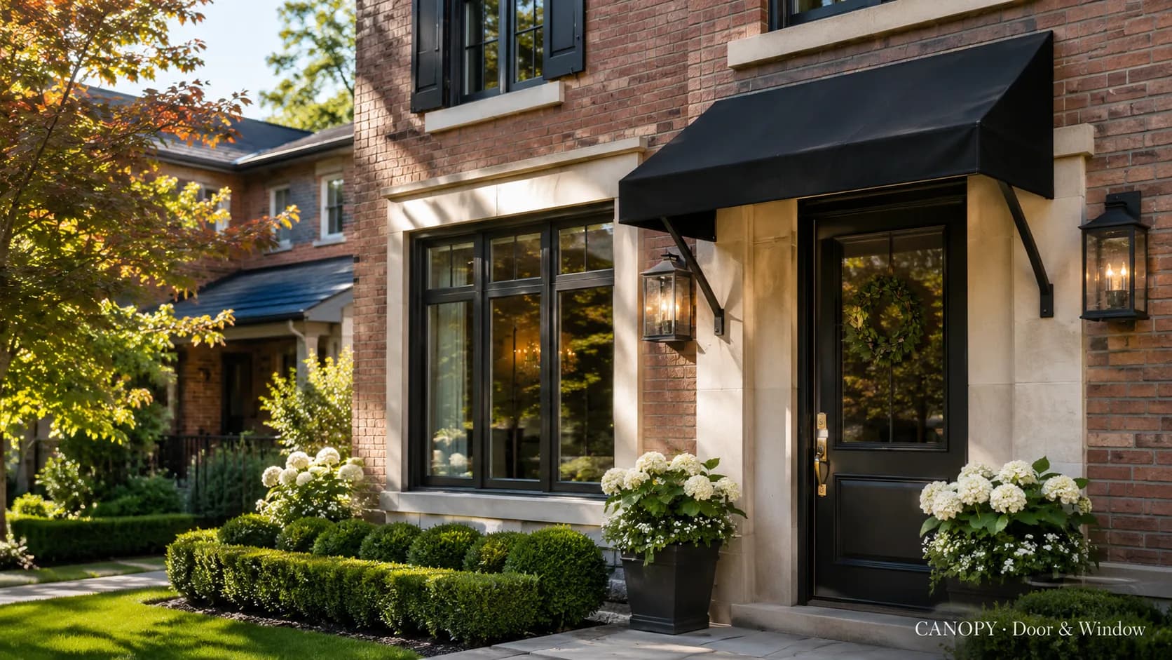 Fabric canopy over a home entrance with lush landscaping