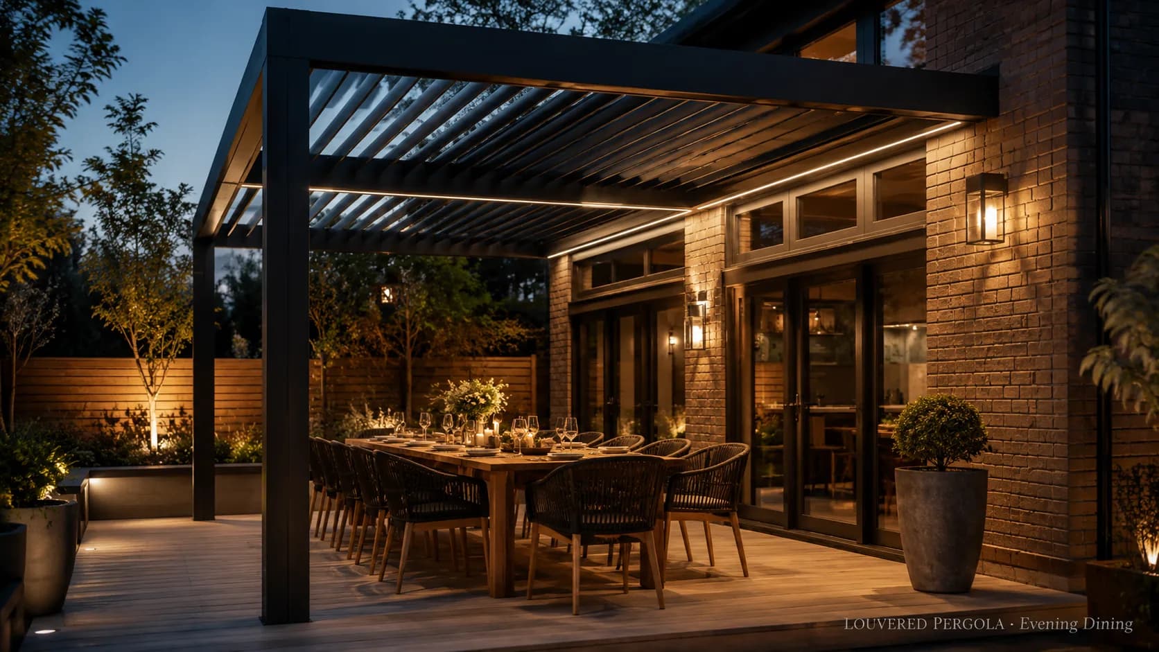 Louvered pergola over an outdoor dining table at dusk