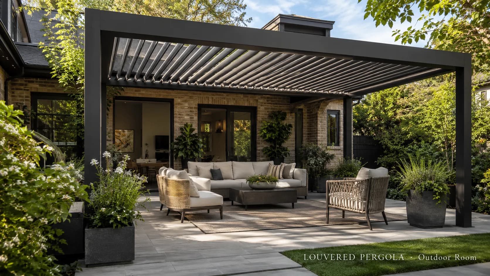 Louvered-roof pergola over a modern outdoor lounge