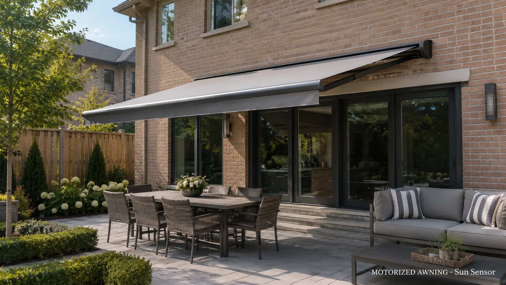 Motorized awning half-extended on a modern home
