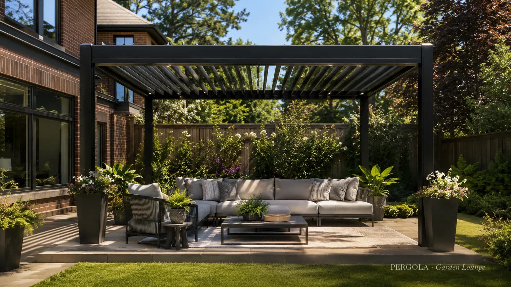 Freestanding pergola over a garden lounge