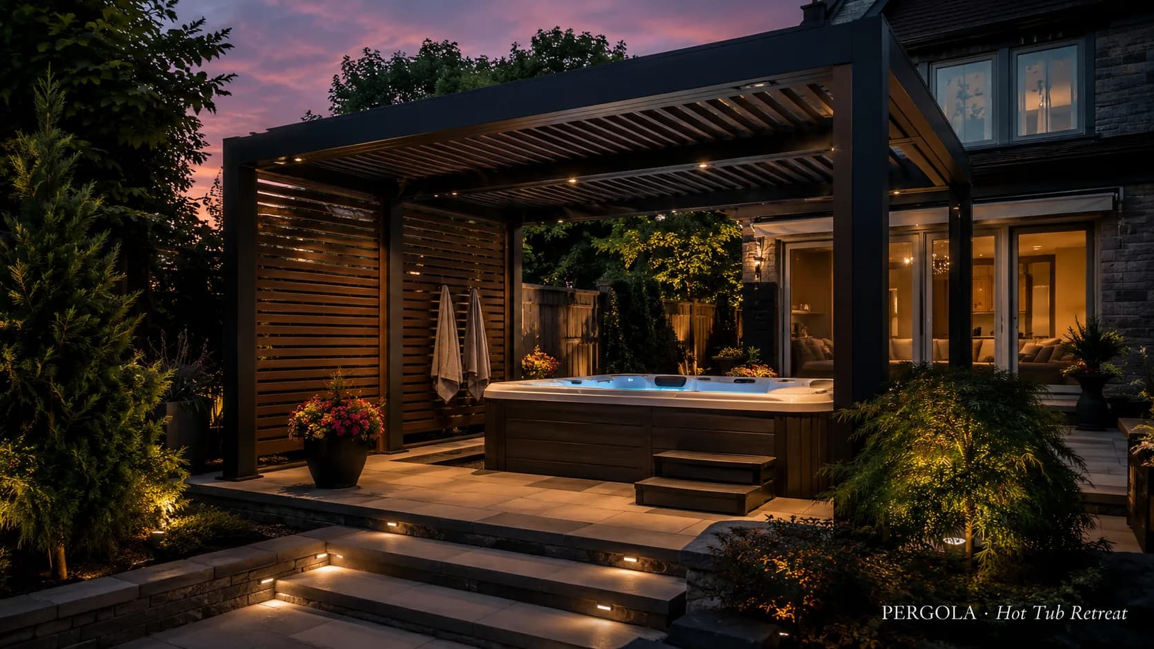 Louvered pergola over a hot-tub retreat at dusk