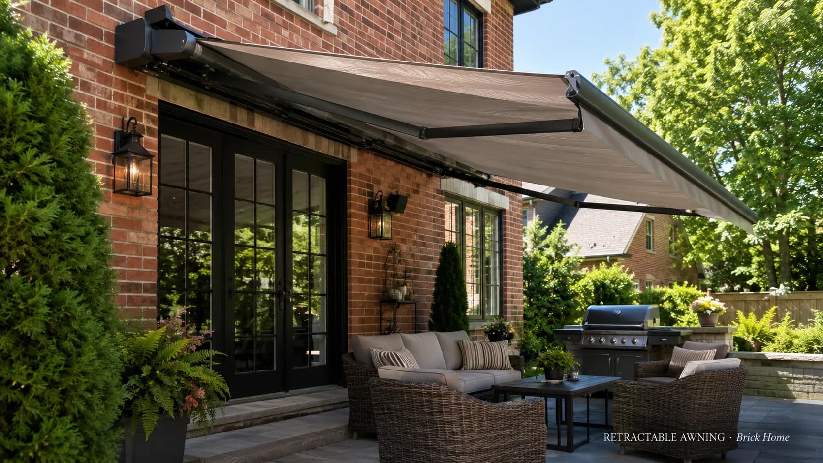 Retractable awning on a classic brick home