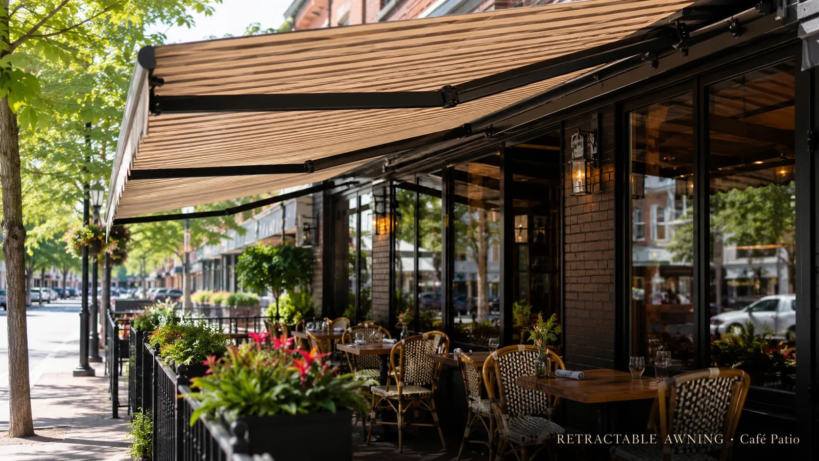 Striped retractable awning over a café patio