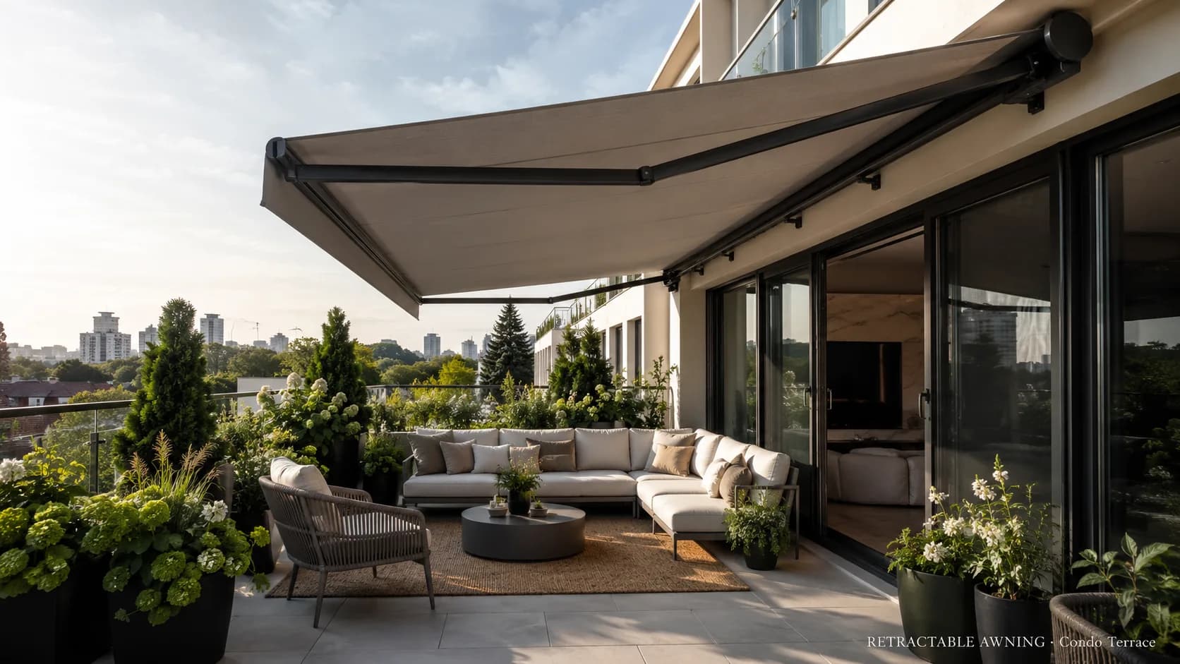 Retractable awning on a condo terrace with a city view