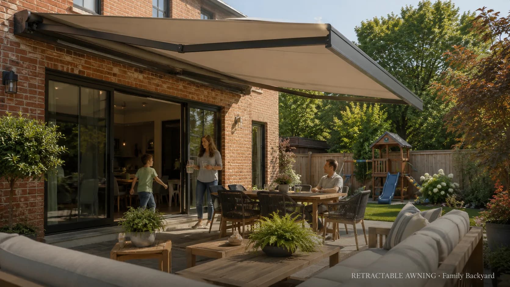 Retractable awning shading a family patio in a backyard