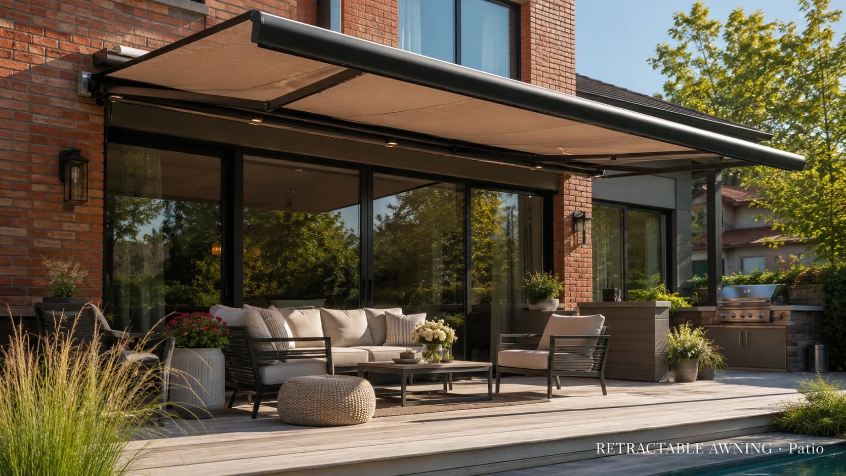 Retractable fabric awning extended over a modern patio