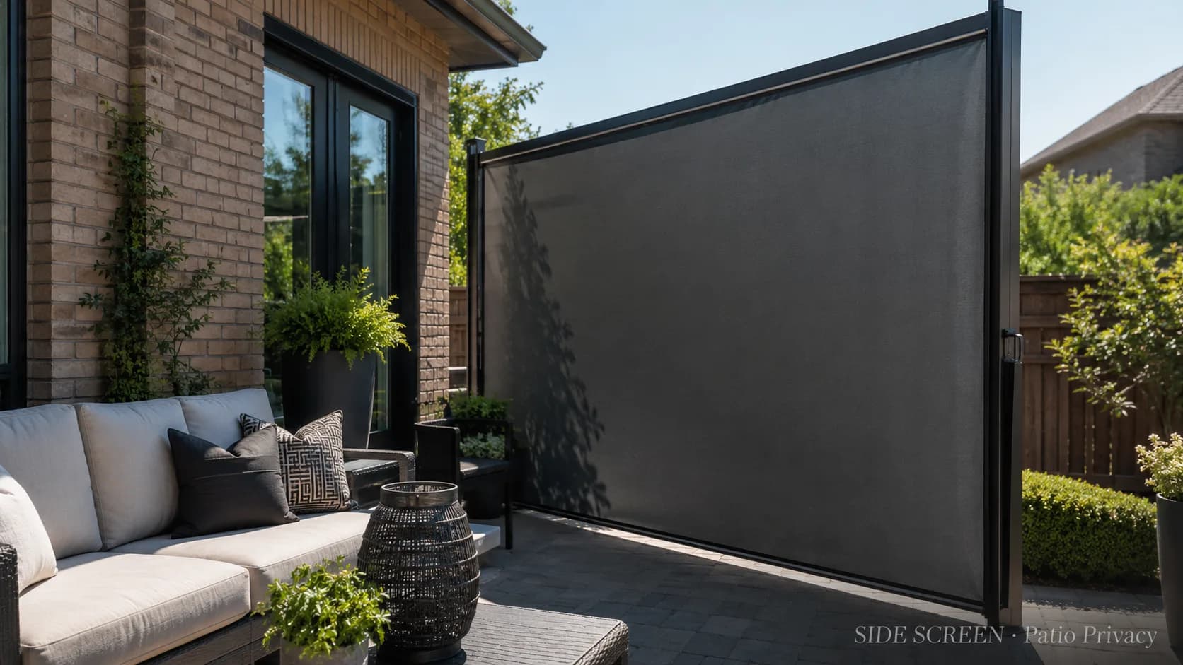 Retractable side privacy screen beside a patio seating area