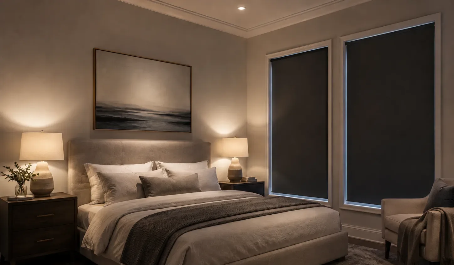 Primary bedroom with blackout shades lowered for darkness