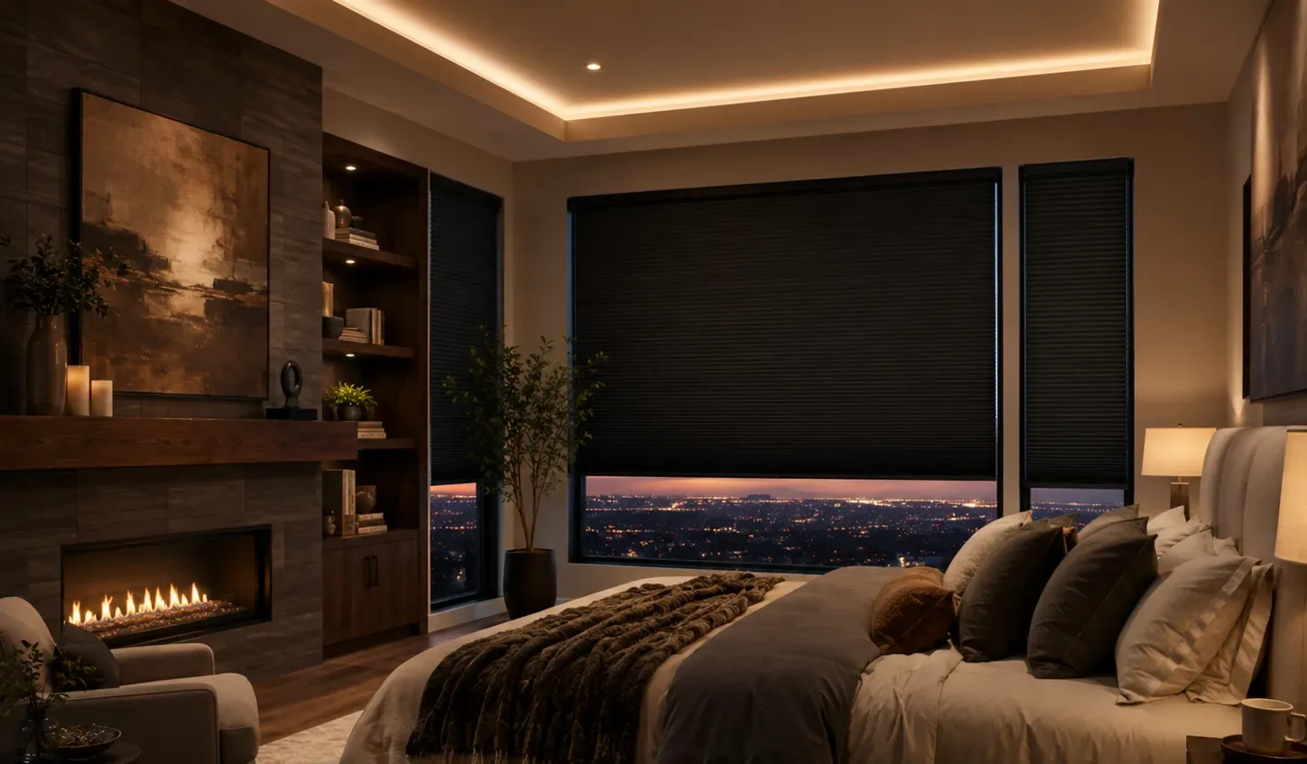 Condo bedroom with blackout-band zebra blinds partially open