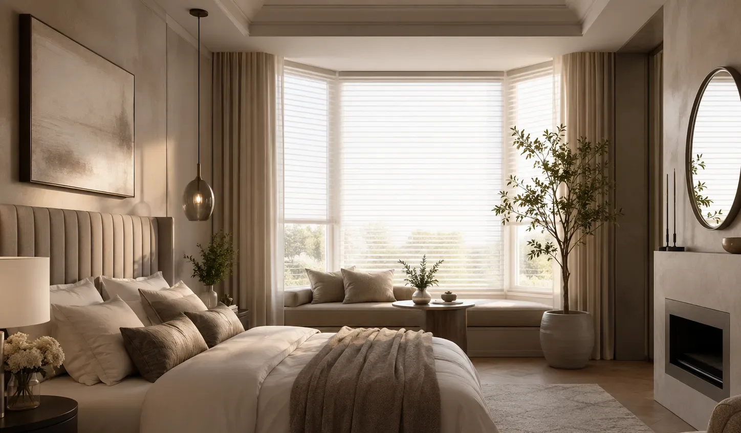 Bedroom with soft curtain panels layered over sheer shades in a bay window
