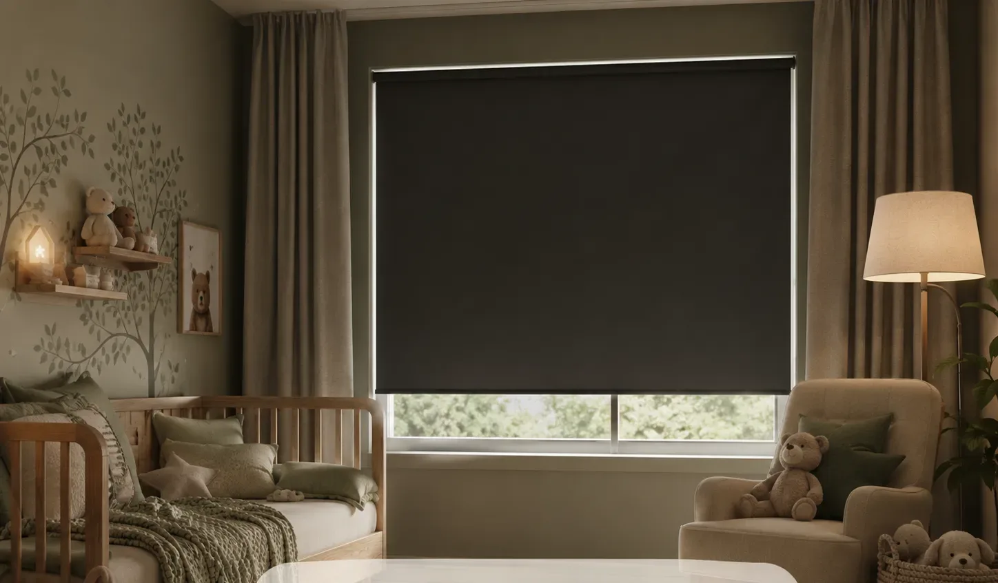 Nursery with motorized blackout shades lowered for daytime naps