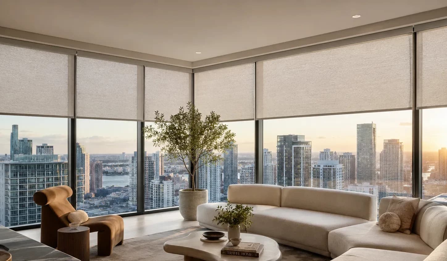 Condo living area with motorized roller shades on floor-to-ceiling windows