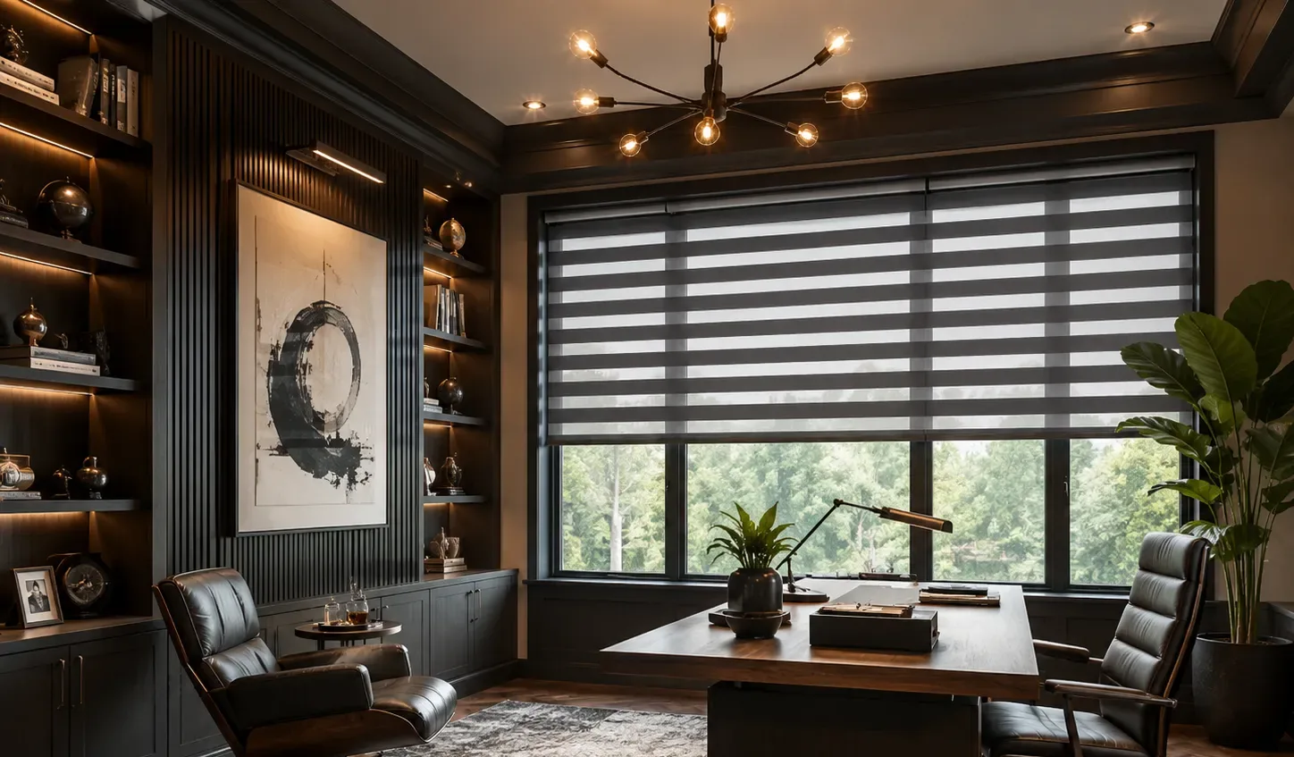 Great room with motorized zebra blinds across tall windows