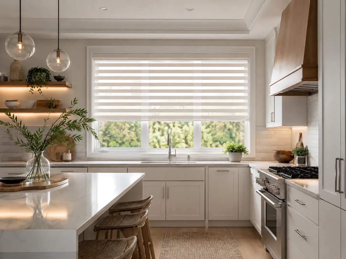 Kitchen window with a clean roller shade above the sink