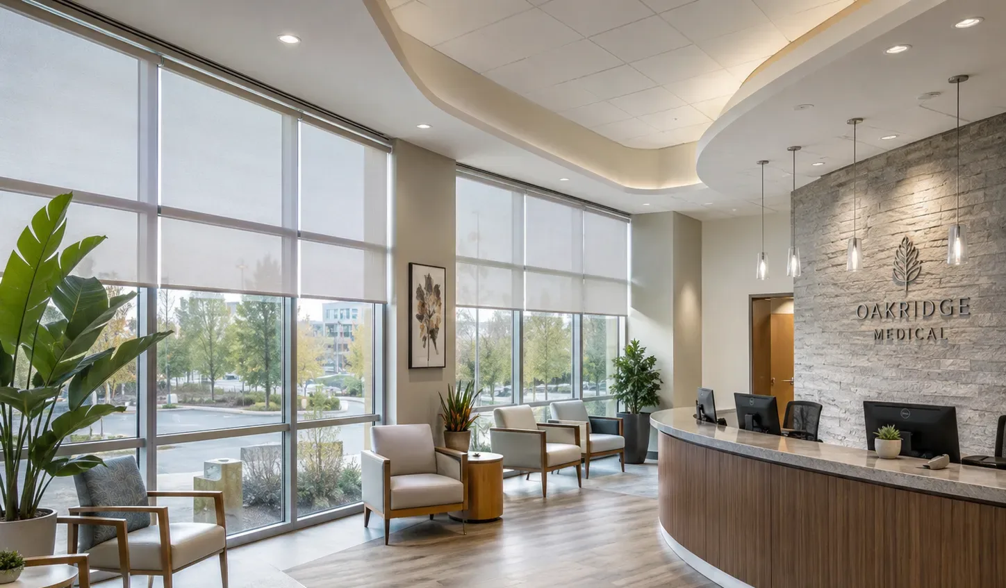 Clinic waiting room with tidy roller shades on the windows