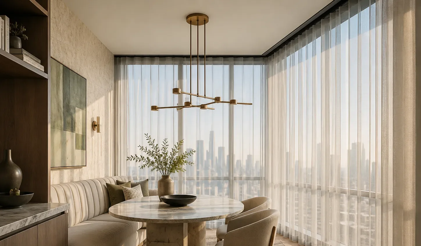 Condo dining nook with wall-to-wall sheer drapery and a city skyline view