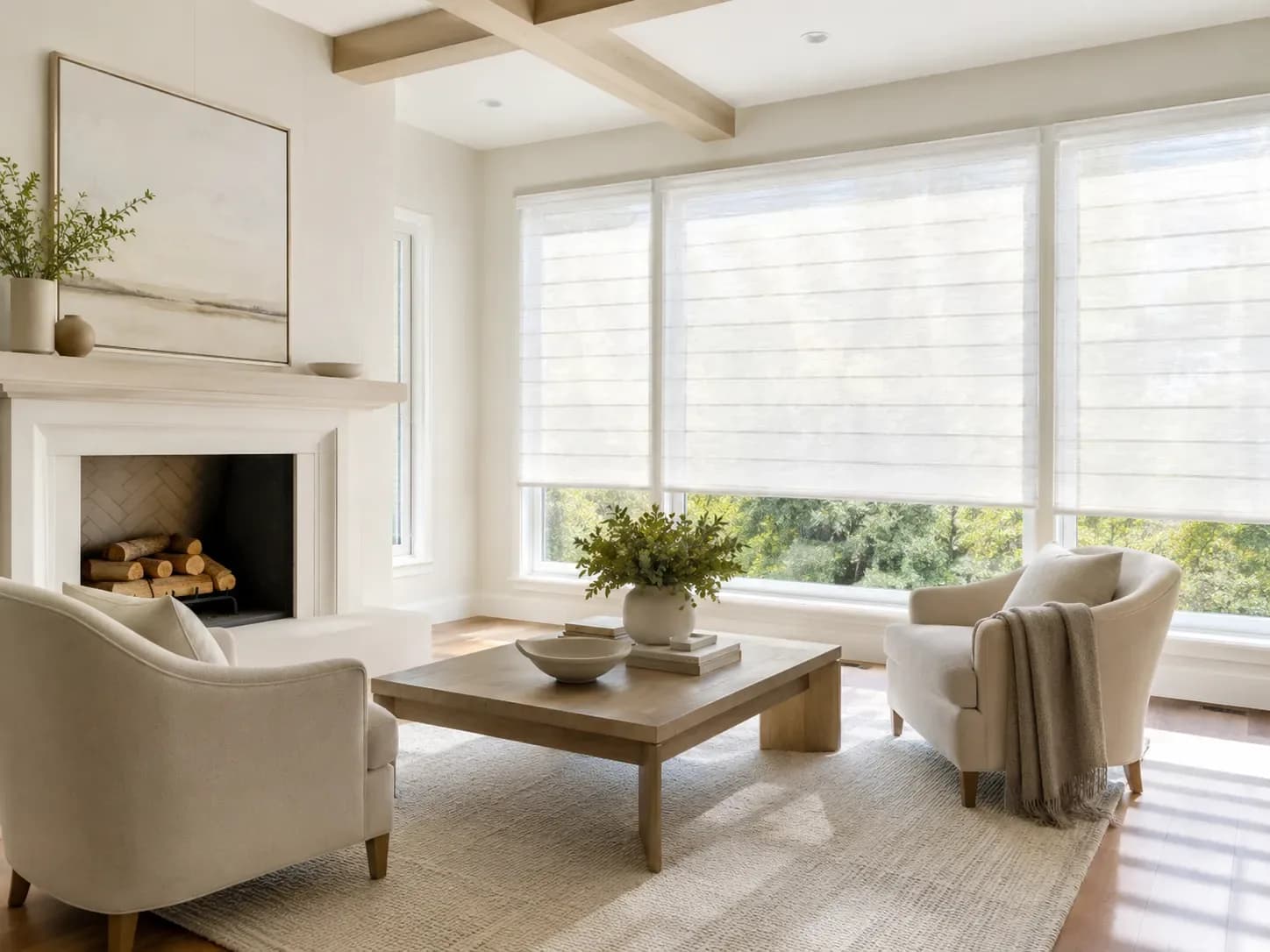 Formal living room with sheer shades diffusing daylight
