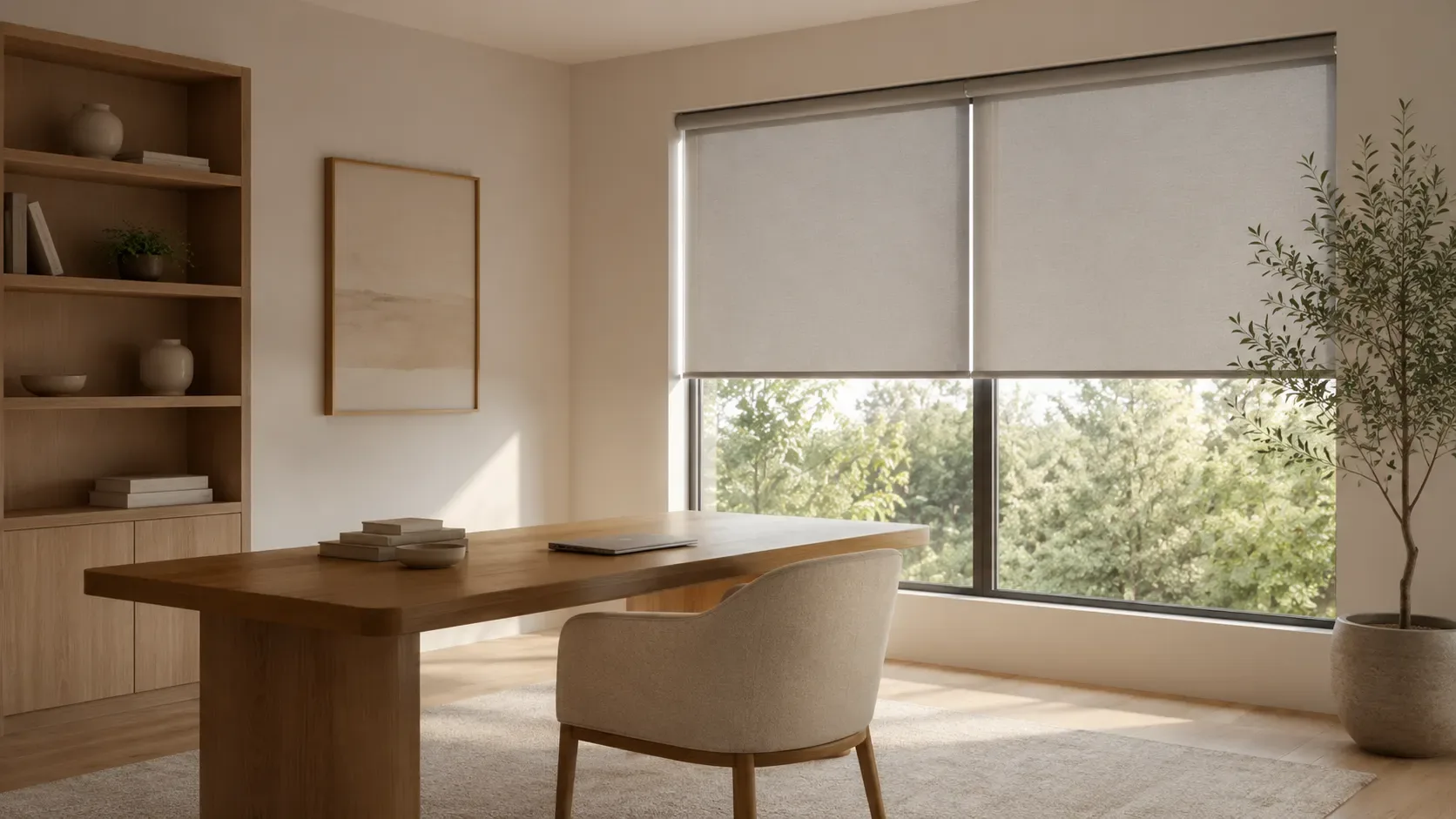 Home office with solar roller shades reducing glare on a monitor