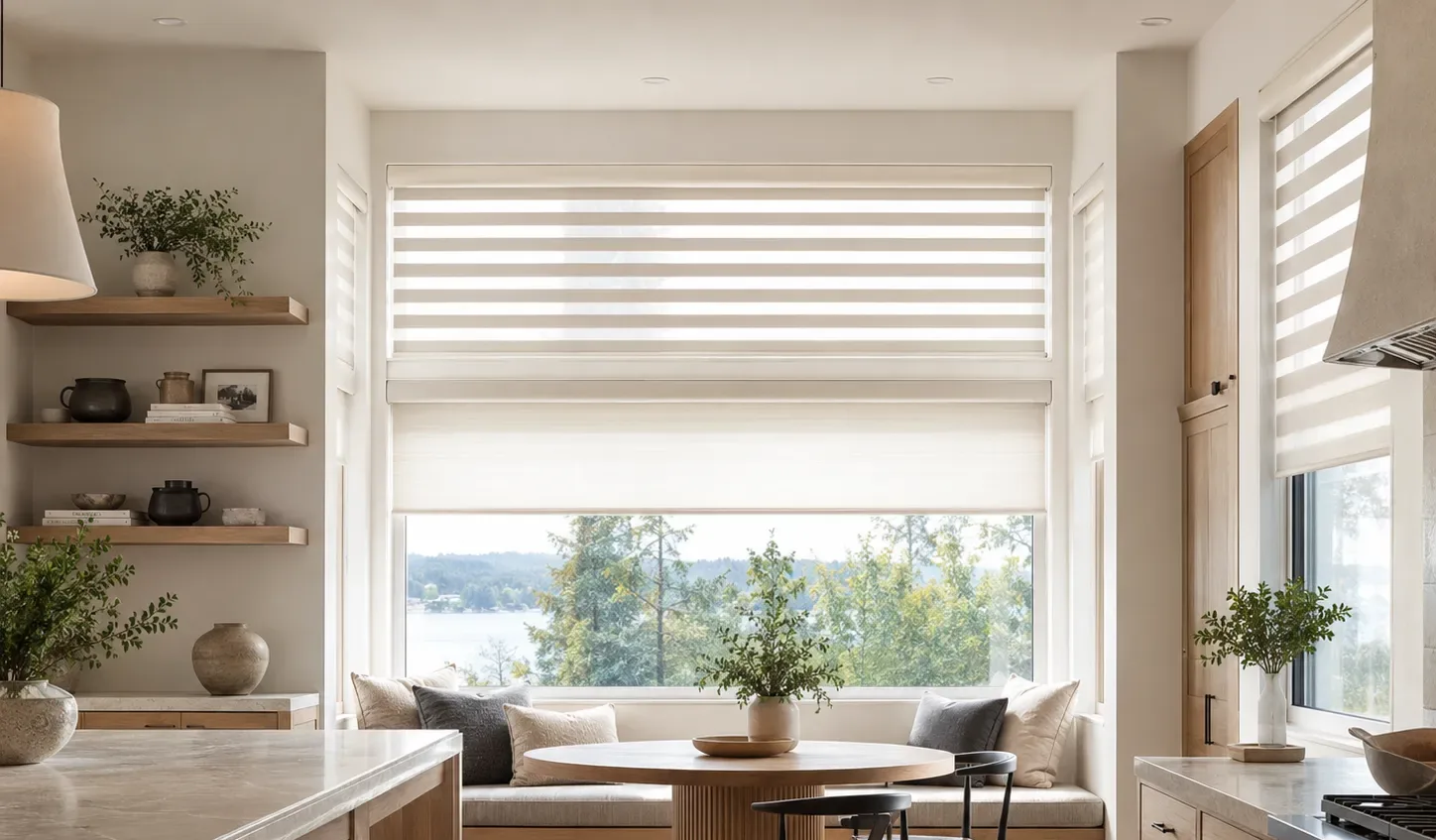 Open kitchen-diner with zebra blinds over patio doors