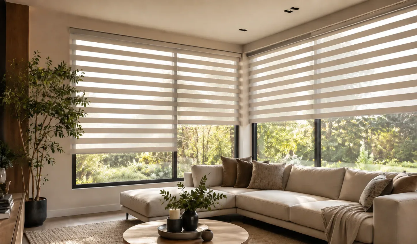 Living room with zebra blinds filtering soft daylight over a sofa