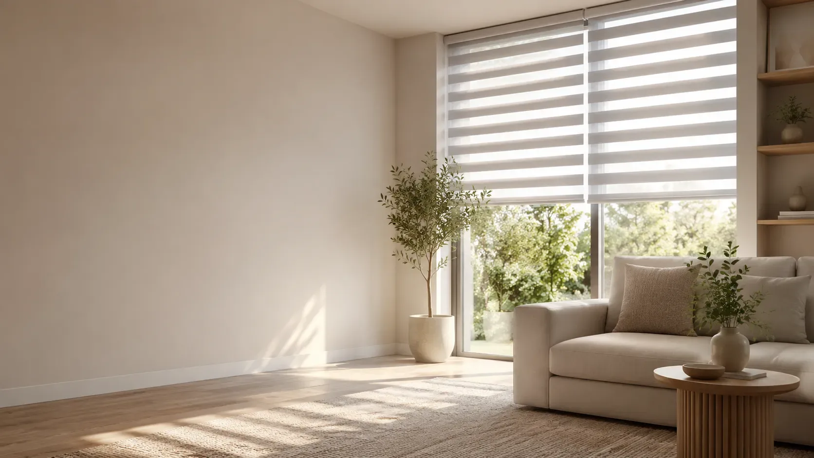 Bright, warm living room with zebra blinds softly filtering afternoon light