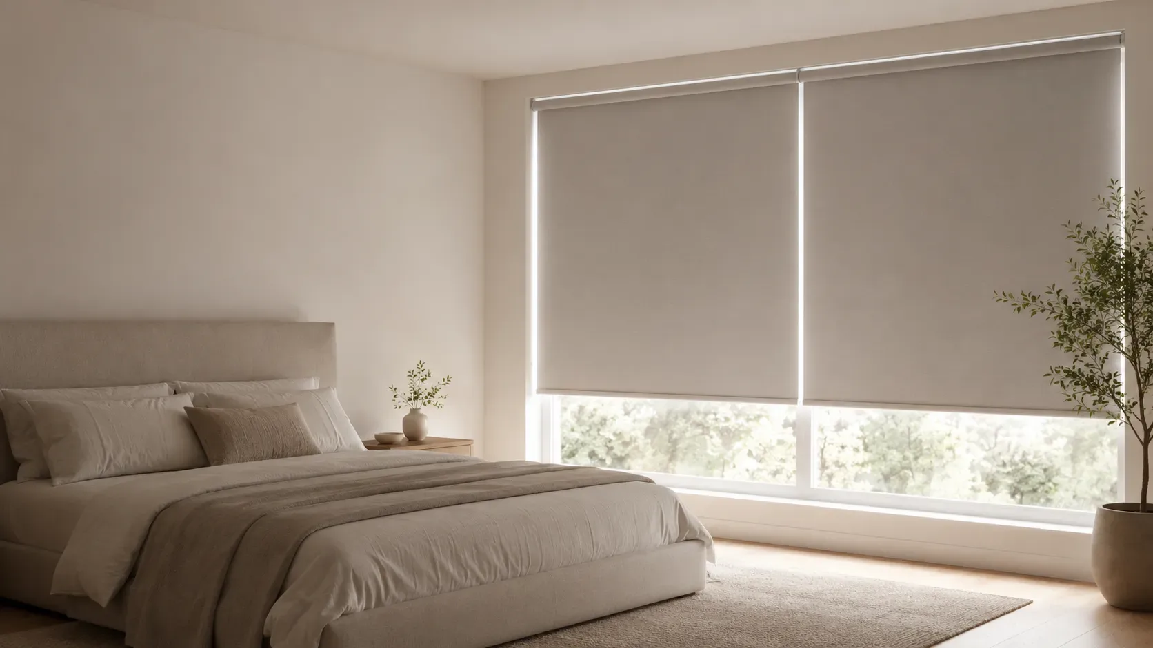 Restful bedroom with a blackout roller shade fully lowered