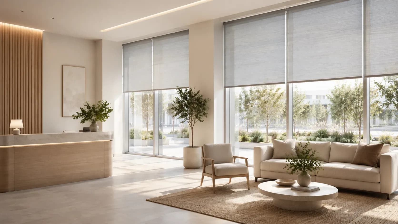 Modern office lobby with uniform commercial roller shades