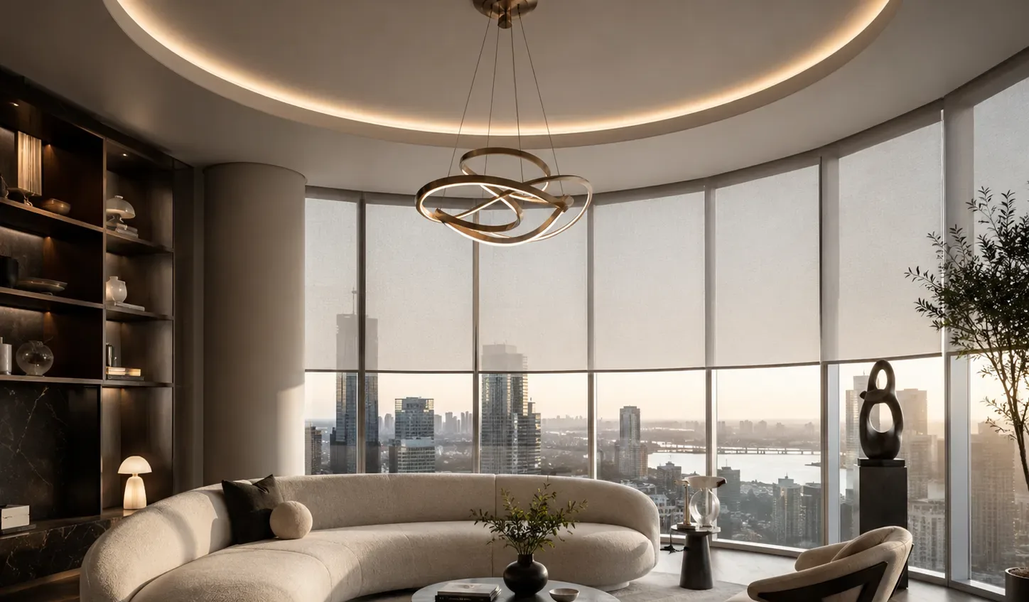 Luxury living room with motorized roller shades on tall skyline windows