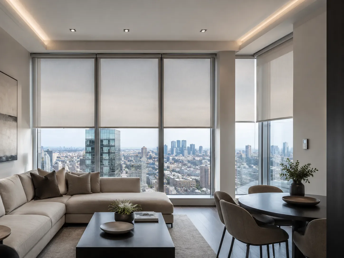 Bright condo with clean roller shades on floor-to-ceiling windows and a skyline view