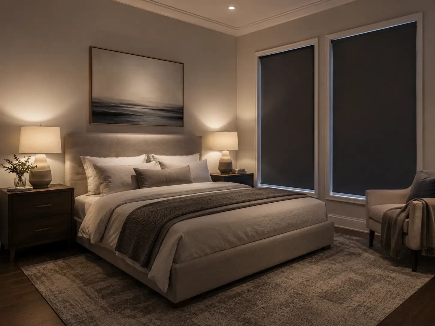 Cozy bedroom at night with smart shades closed for the evening scene
