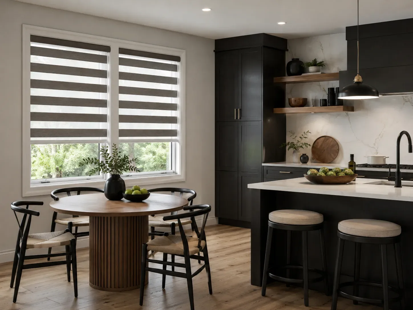 Bright kitchen nook with zebra blinds filtering soft daylight