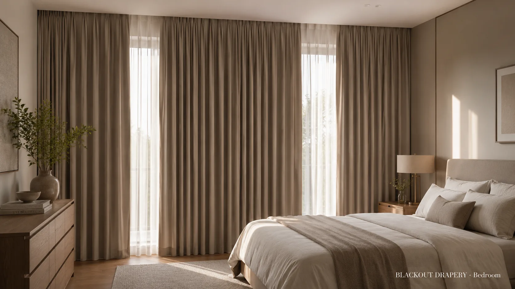 Blackout drapery darkening a serene, minimalist bedroom