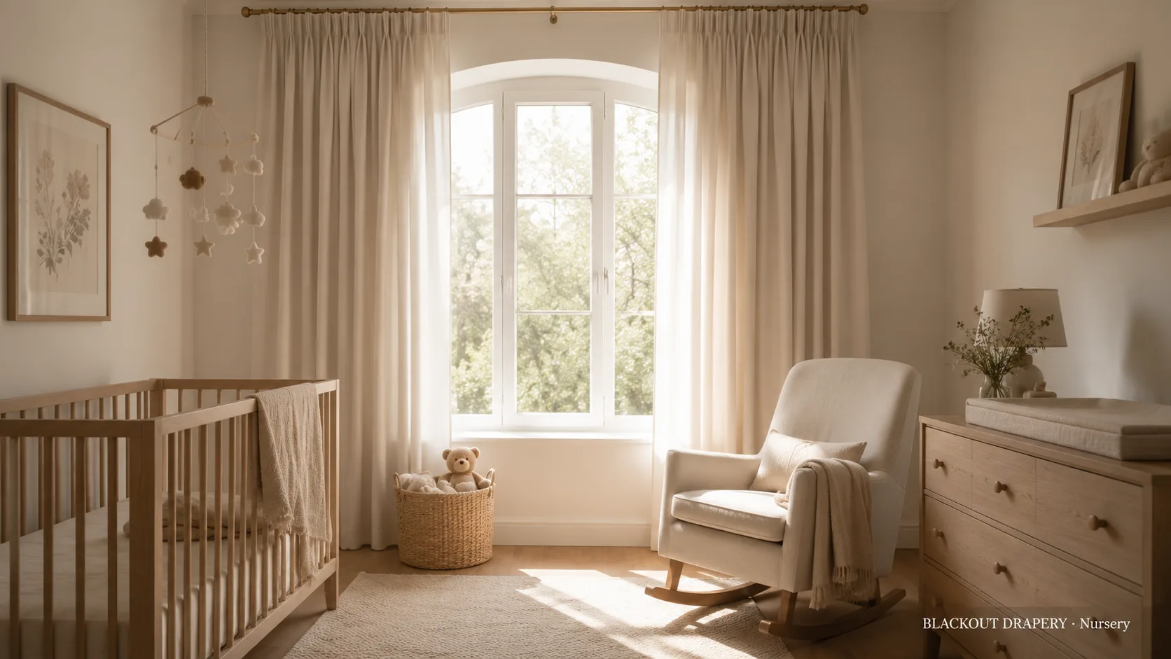 Blackout drapery in a calm nursery