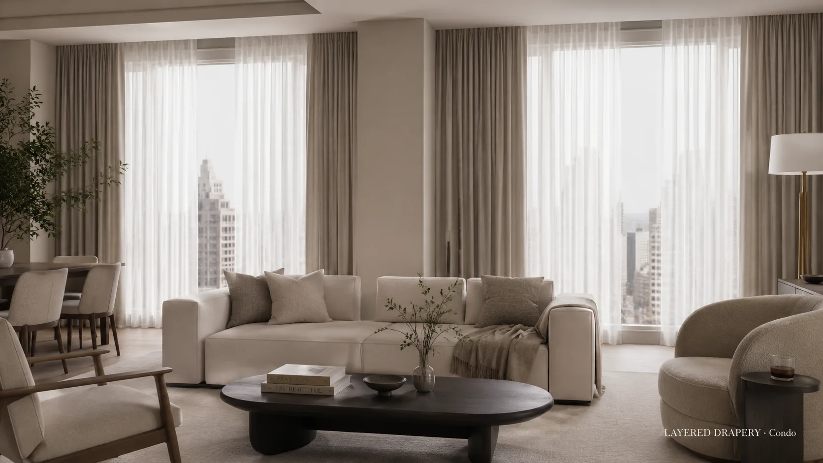 Layered drapery in a modern condo living room