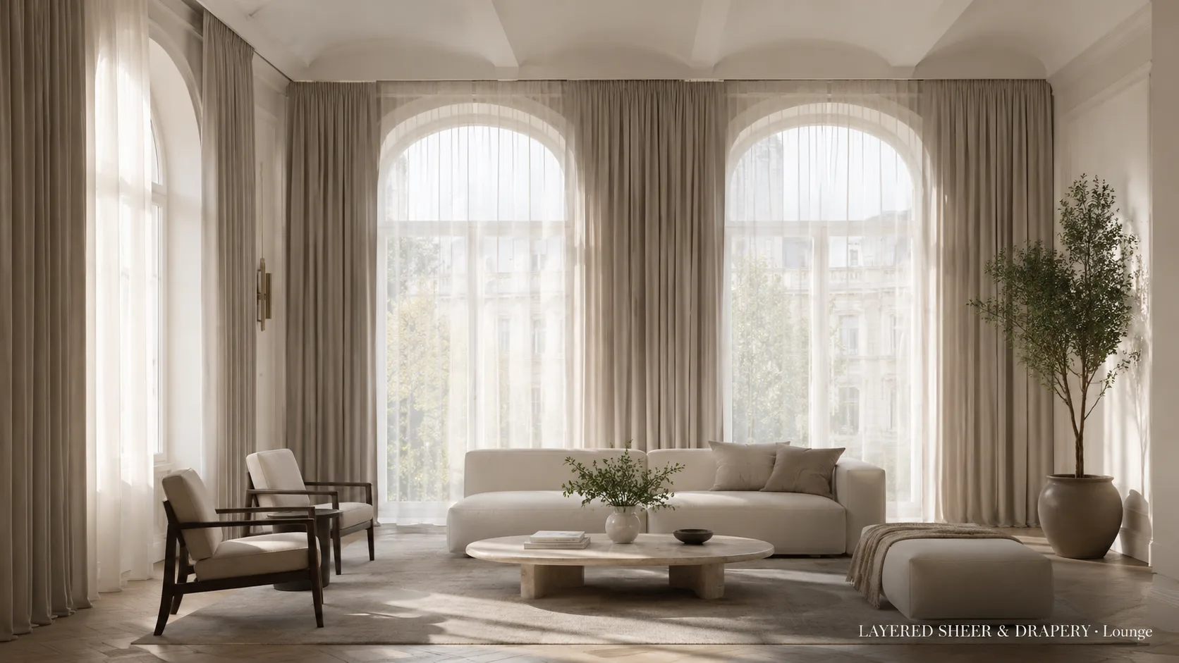 Layered sheer curtains and drapery framing a serene lounge
