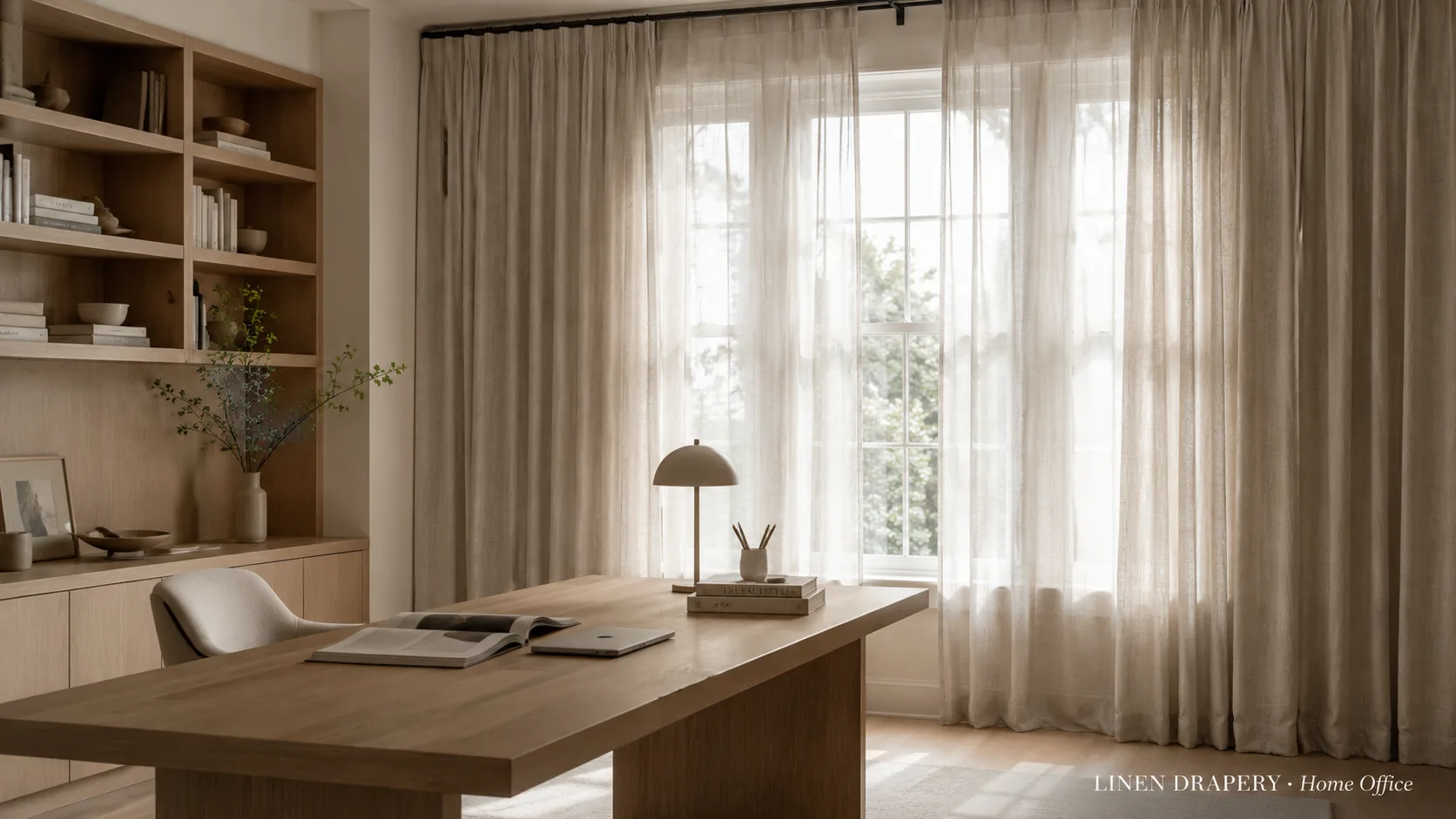 Linen drapery softening daylight in a calm home office