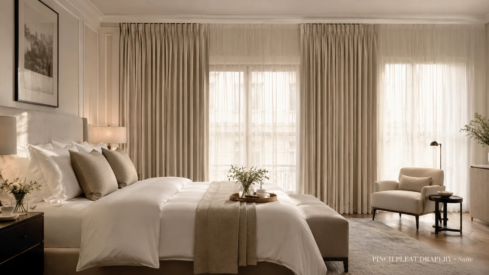 Pinch pleat drapery in a hotel-style suite bedroom
