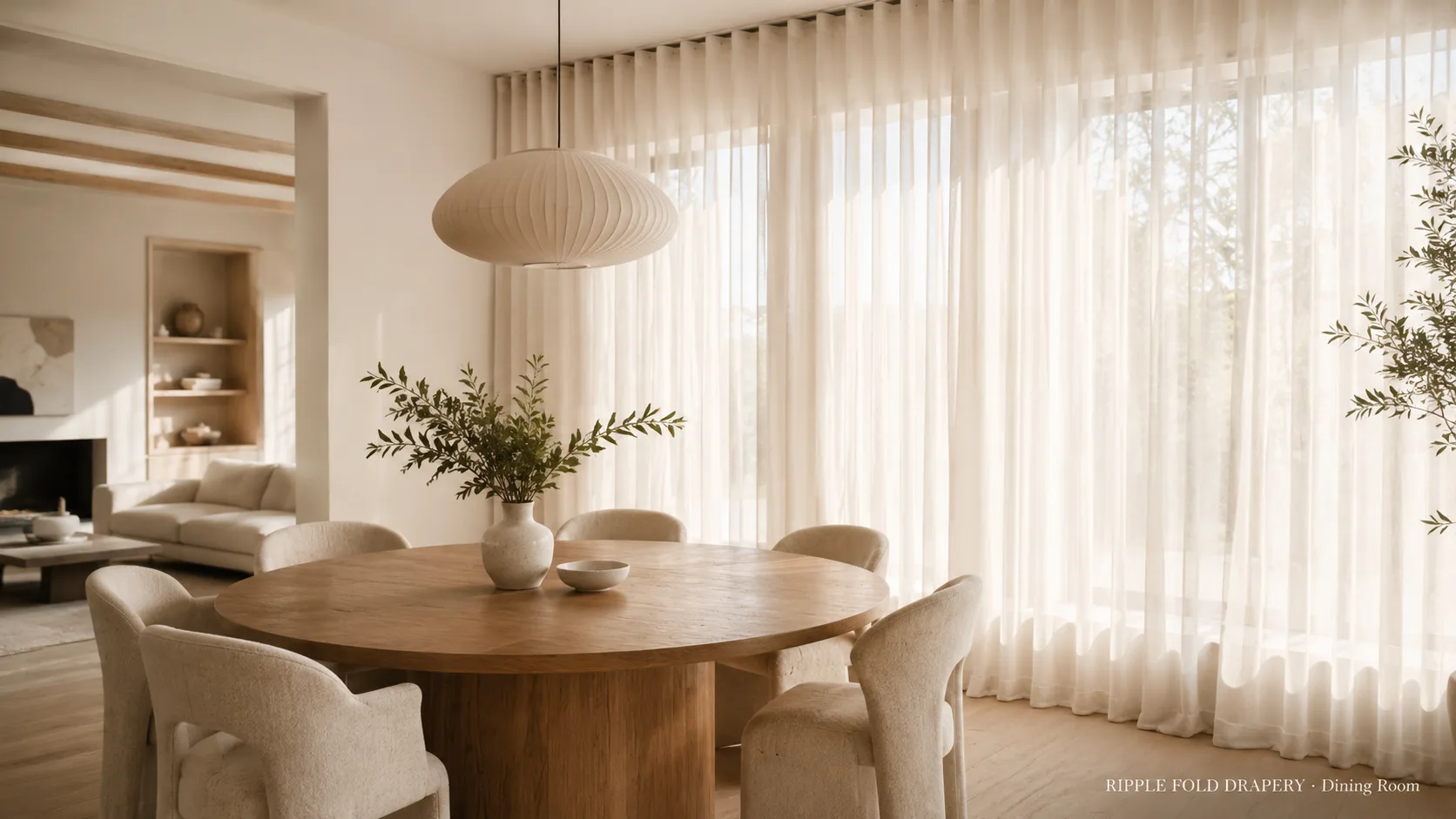 Ripple fold drapery in a minimalist dining room