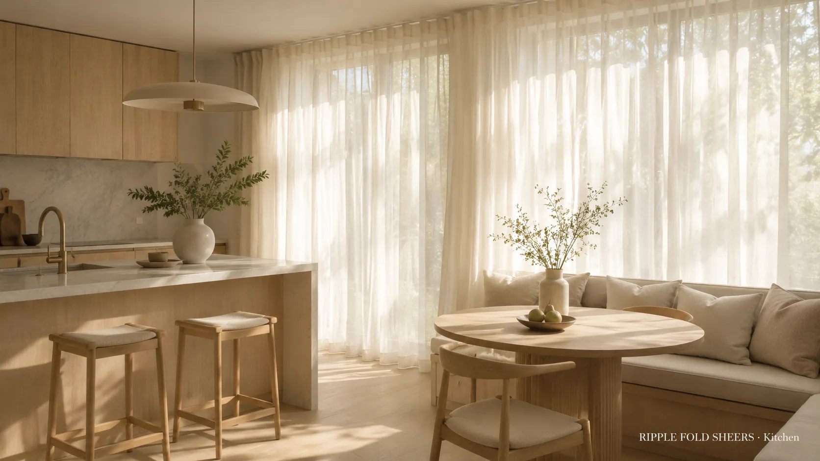 Ripple fold sheers in a bright kitchen and dining nook