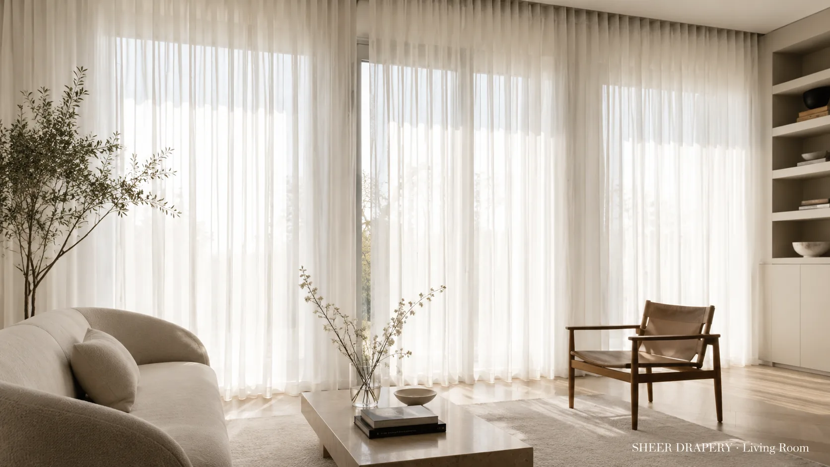 Sheer drapery filtering soft daylight across a minimalist living room