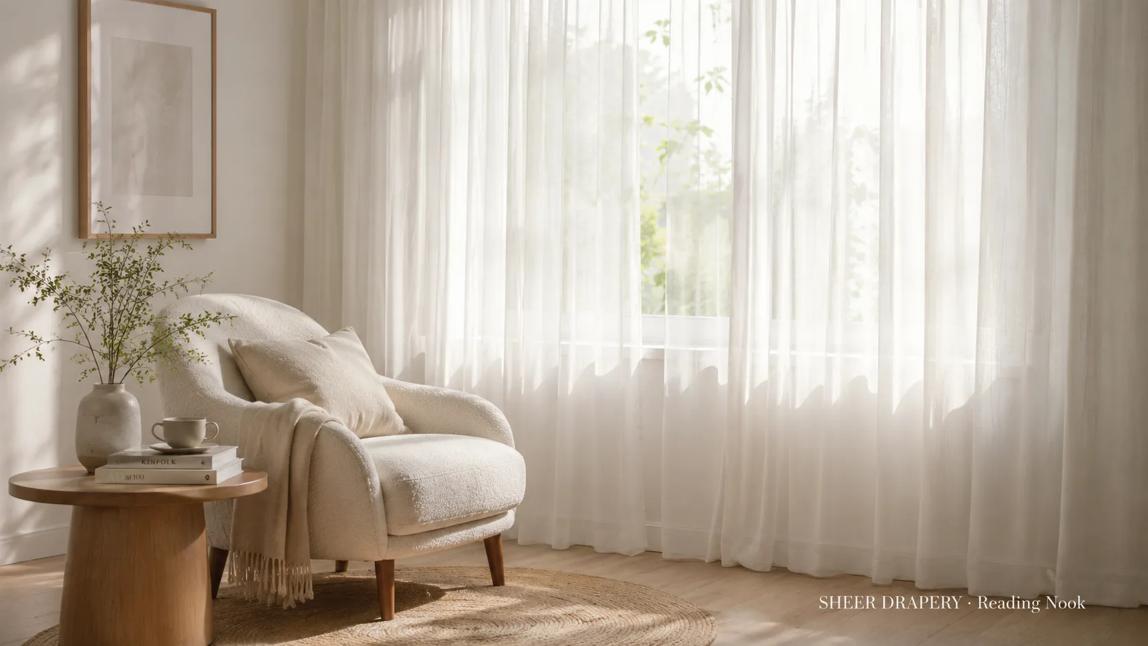 Sheer curtains in a cozy reading nook
